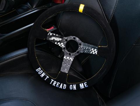 Don't Tread on Me Deep Dish Suede Steering Wheel 13 Inch Diameter Black and Yellow PRP Seats
