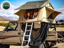 LD TMBK 3 Roof Top Tent With Annex - Tan Base With Green Rain Fly, Black Aluminum Base, Black Ladder Overland Vehicle Systems